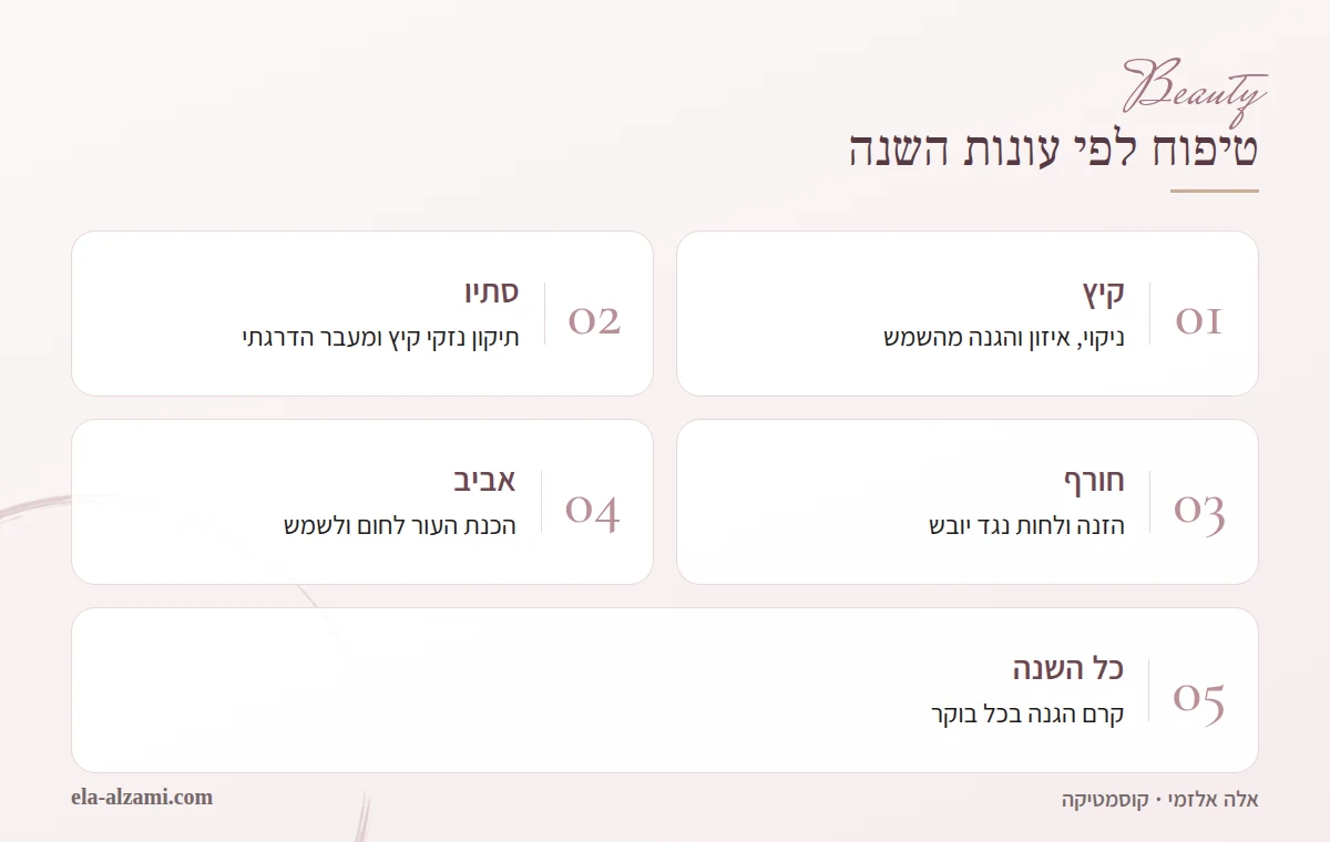 אינפוגרפיקה על טיפוח פנים לפי עונות: קיץ של ניקוי ואיזון, סתיו של תיקון נזקי שמש, חורף של הזנה ולחות, אביב של הכנה לחום, וקרם הגנה יומיומי בכל עונות השנה.