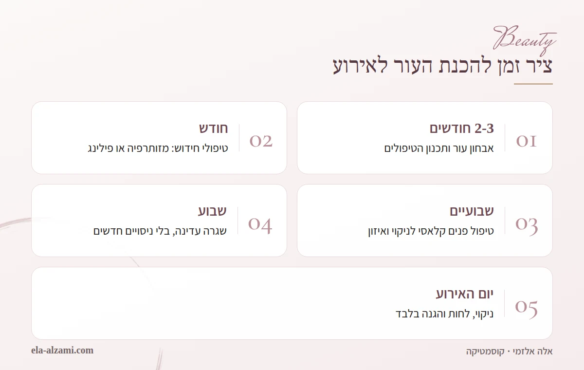 אינפוגרפיקה של ציר זמן להכנת העור לחתונה: אבחון ותכנון חודשיים-שלושה לפני, טיפולי חידוש חודש לפני, טיפול פנים קלאסי שבועיים לפני, שגרה עדינה בשבוע האחרון וטיפוח בסיסי ביום האירוע.